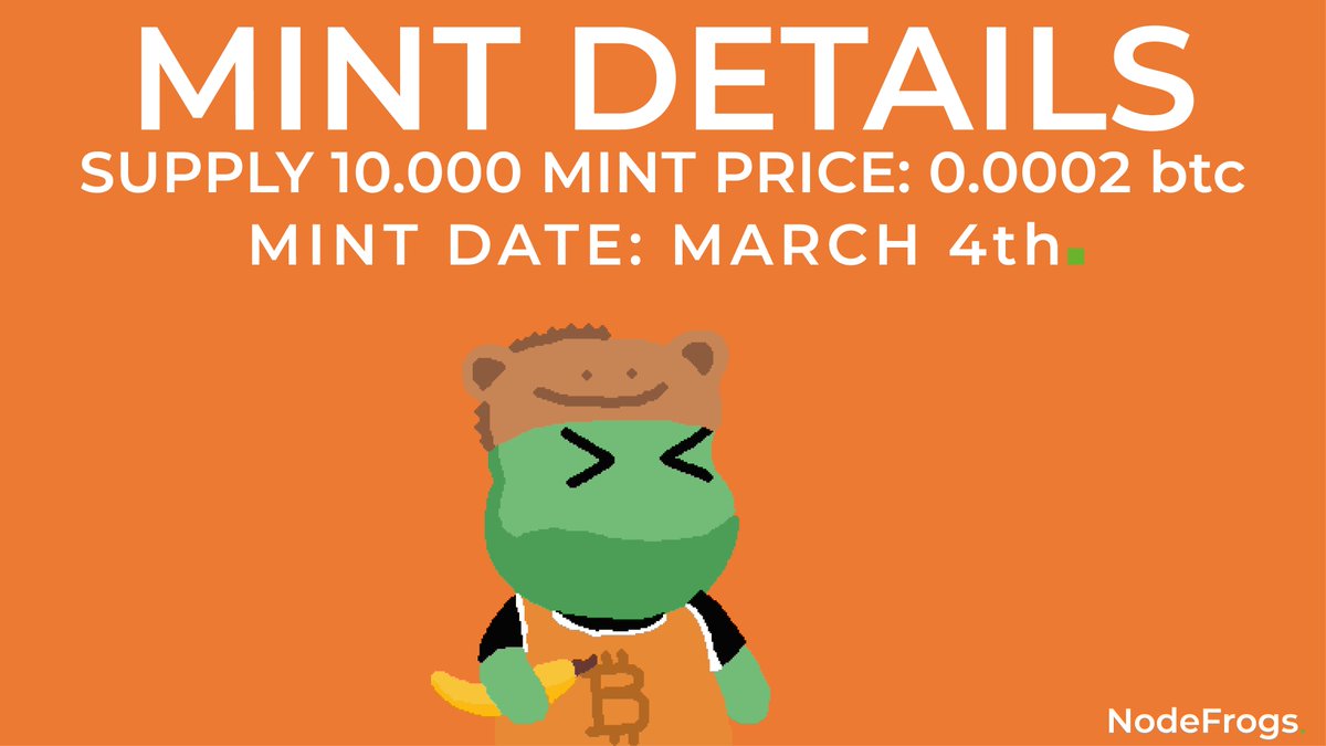 less than 1 day until mint day 🐸
Mint details:
Launchpad:inscribenow.io/collections/57…
Mint price public: 0,0002 btc ($10)
Mint price WL: 0,00018 btc ($8 - 20% discount) All elegible collections like PMB, OMB, BitcoinPuppets, Bitcoin Frogs &amp; More

Are you ready?? - RT+Like for 1x WL