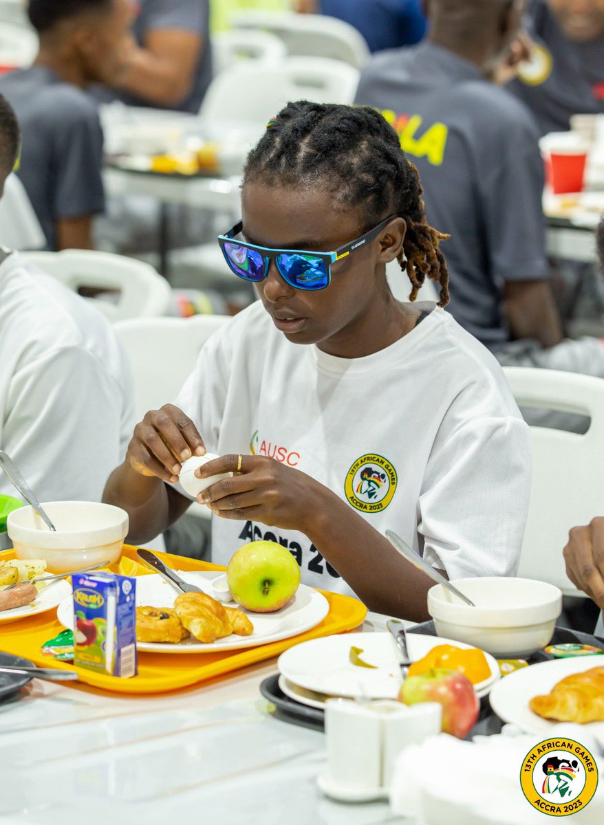 Teams happily enjoying their breakfast at the Games Village this morning. 
#13thAfricanGames
#Accra2023