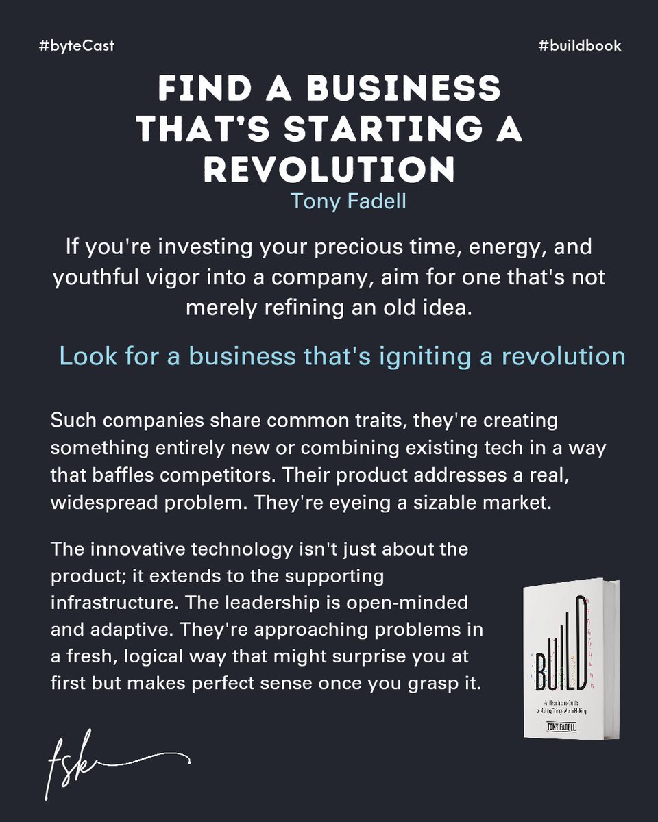 realFaisalKhan's tweet image. If you&apos;re investing your precious time, energy, and youthful vigor into a company, aim for one that&apos;s not merely refining an old idea. 

#buildbook #tonyfadell #leadership #technology #organization #transformation #digital #hardware #software #fsk #bytecast