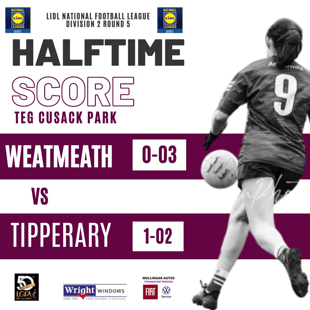 *HalfTime* 🏆 @lidl_ireland NFL Div 2️⃣ Rd 5️⃣ @Westmeathlgfa 0-03 @TippLadiesFB 1-02 Westmeath scorers Leanne Slevin 0-01 Sarah Dillon 0-01 Vicky Carr 0-01 @LeinsterLGFA @MunsterLGFA #SeriousSupport