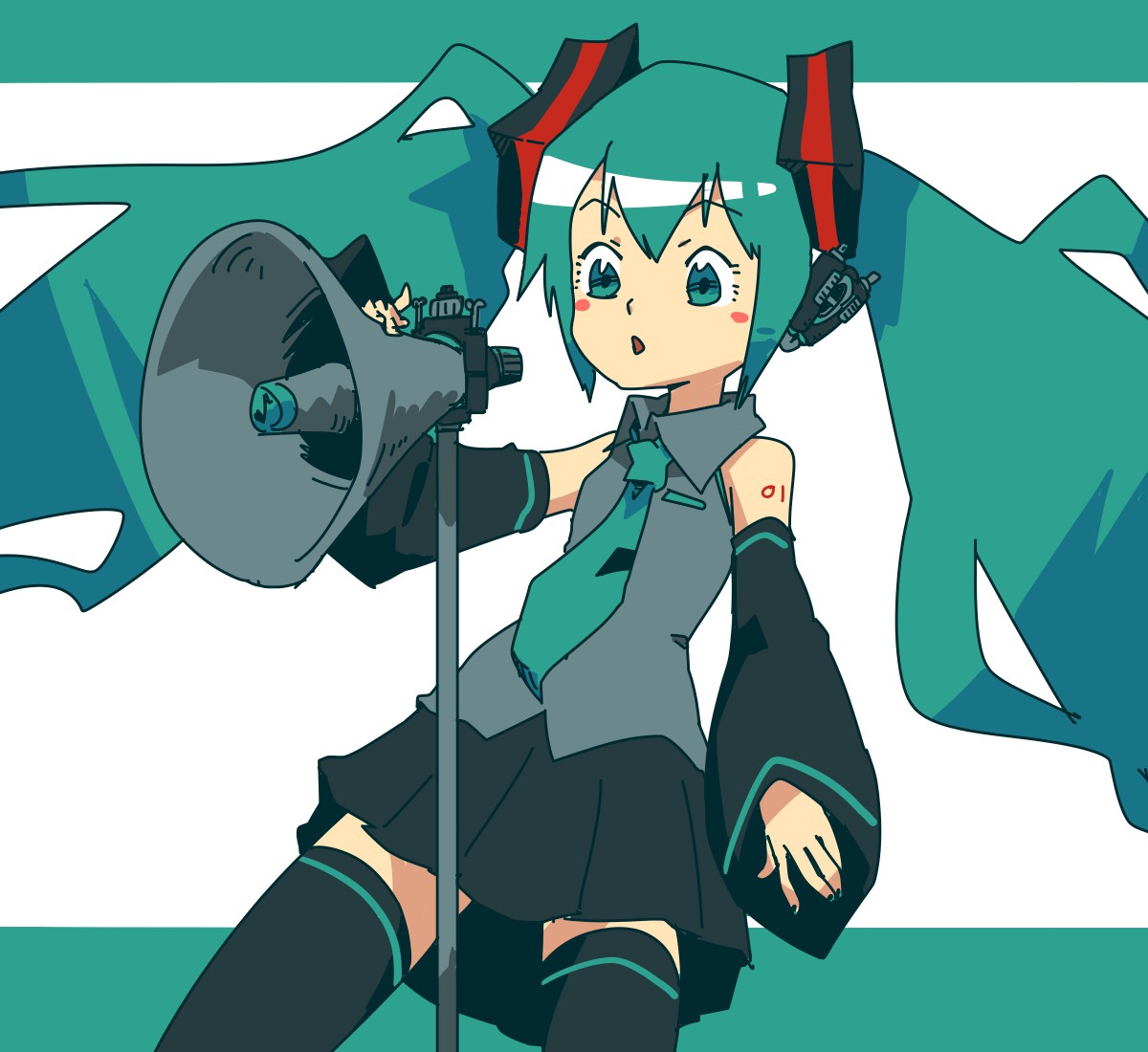 hatsune miku 1girl solo long hair thighhighs twintails microphone detached sleeves  illustration images