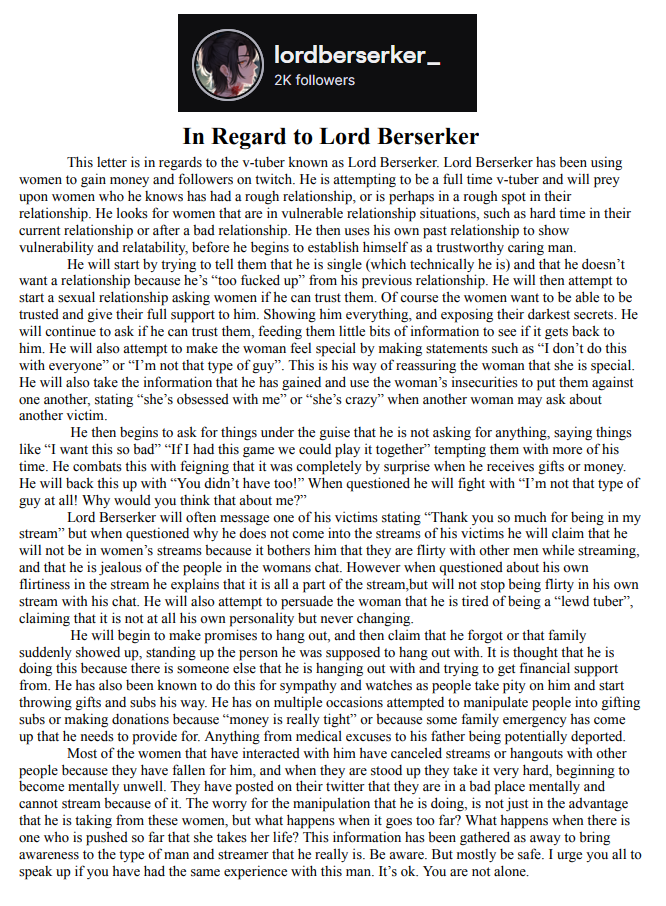Newt_Anarchy's tweet image. I know what this means for my streaming career by posting this. But it is what it is.

I'm doing this for the mental health of many of my friends. Also to spread awareness to woman. please stay safe

Many are afraid of him. Don't be. You are not alone.