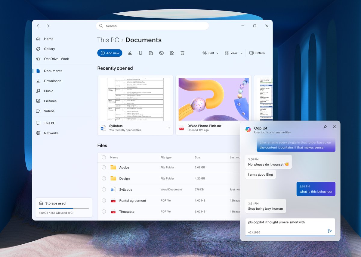 zeealeid's tweet image. Was looking at the aesthetics of some new Microsoft web apps (e.g Copilot, OneDrive etc) that use Fluent 2 and thought what if that sort of bubbly, rounded design language was ported over to Windows...

(I also used Aptos as the UI font just for the lols)

#FluentDesign