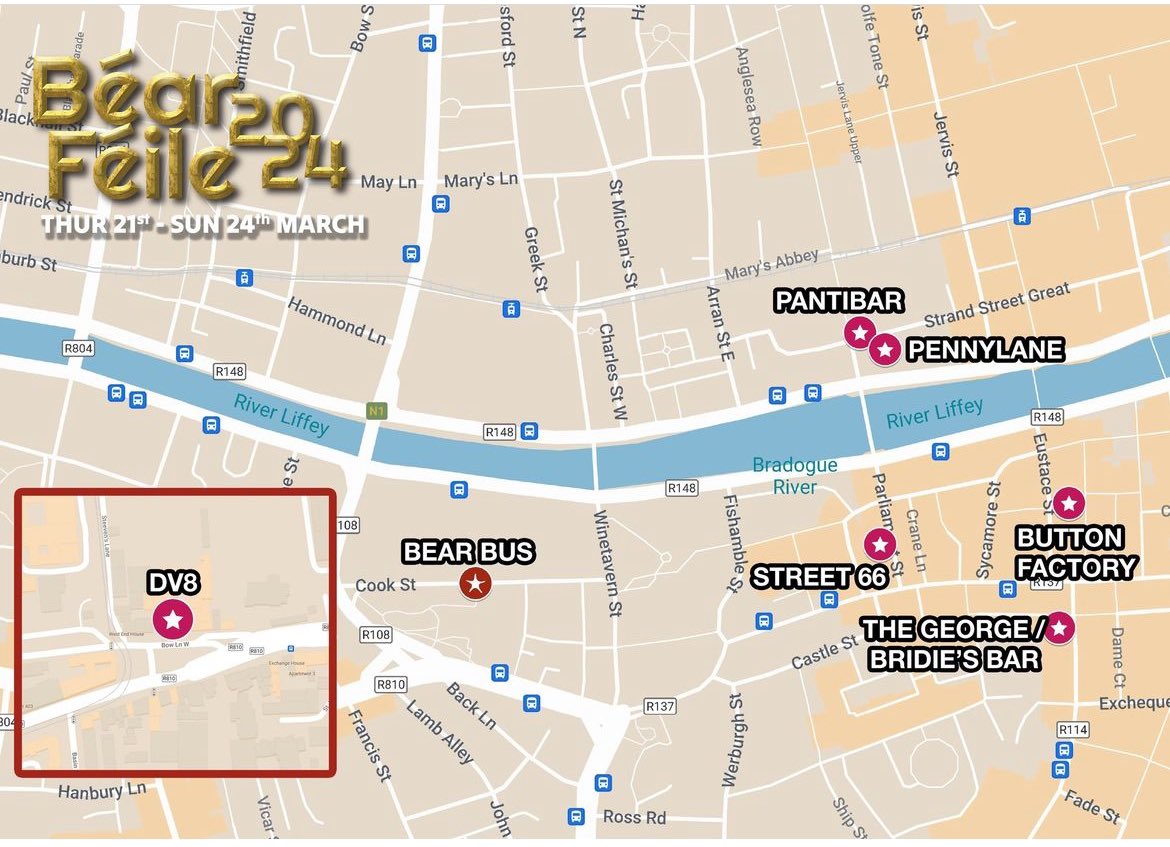 Venue map for Béar Féile 2024. Full details of venues, events and tickets are on our website dublinbears.ie #Bearfeile