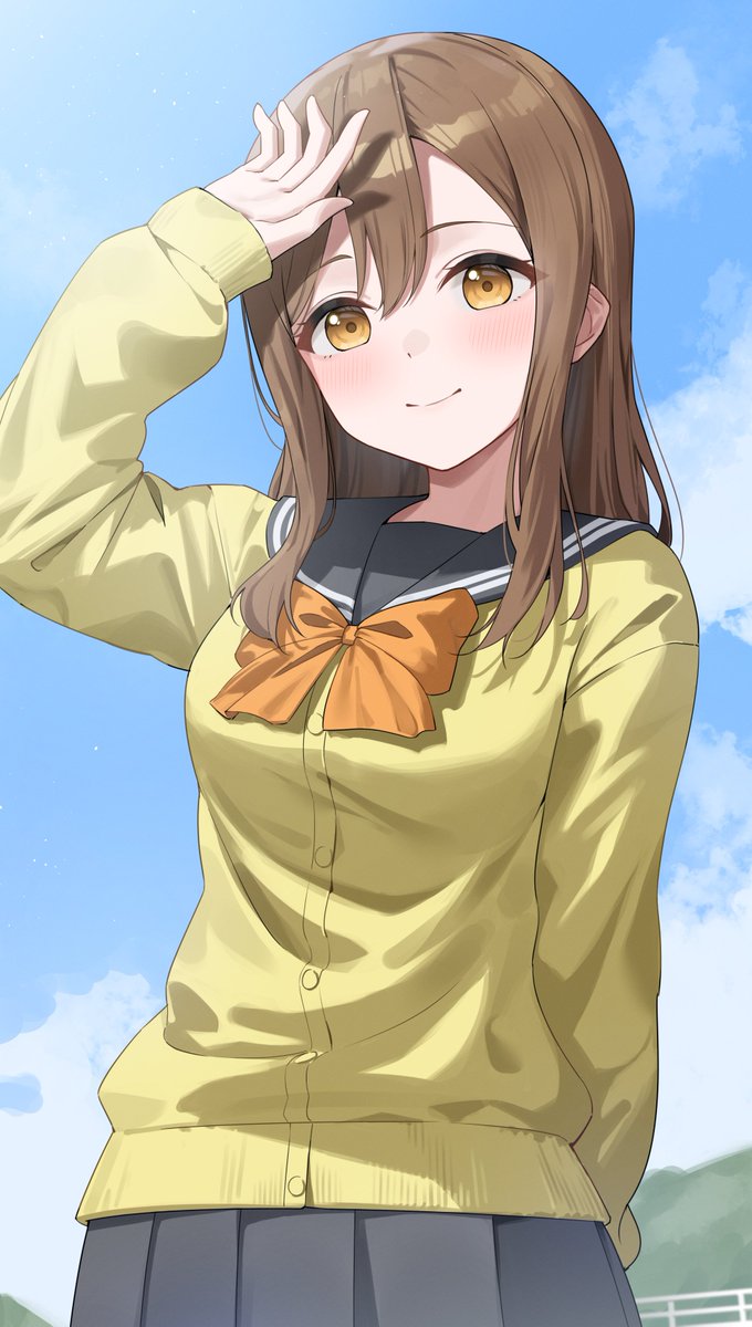 kunikida hanamaru 1girl solo brown hair school uniform yellow cardigan skirt smile  illustration images