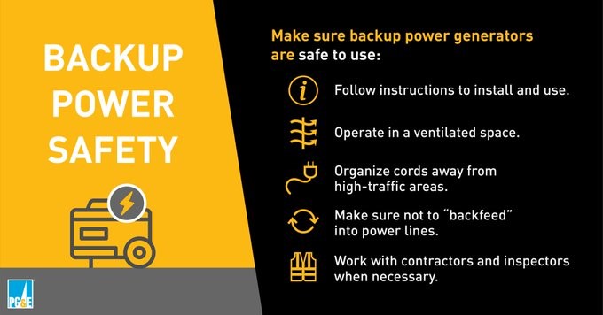 SAFETY ADVISORY: Customers w/standby #generators should ensure they are properly installed by a licensed electrician in a well-ventilated area. Improperly installed generators pose a significant danger to customers, as well as crews working on power lines. pge.com/backuppower