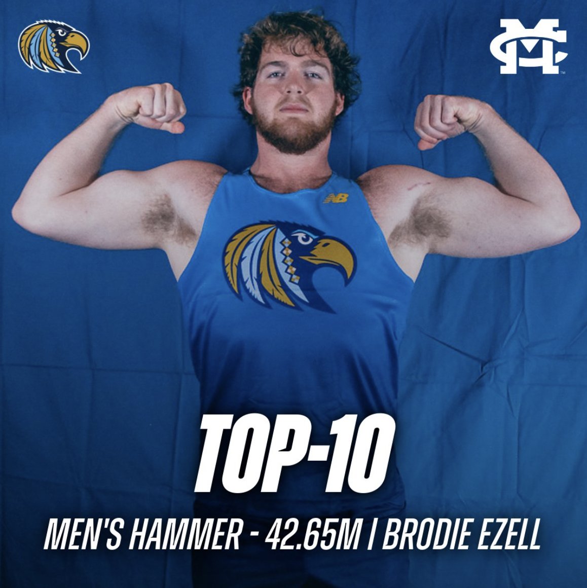 TOP 10👏

Freshman Brodie Ezell cracks the program Top-10 list in the Men’s Hammer Throw, now sitting 8️⃣th all-time with a new LIFETIME BEST of 42.65 meters💪

#COTM💨