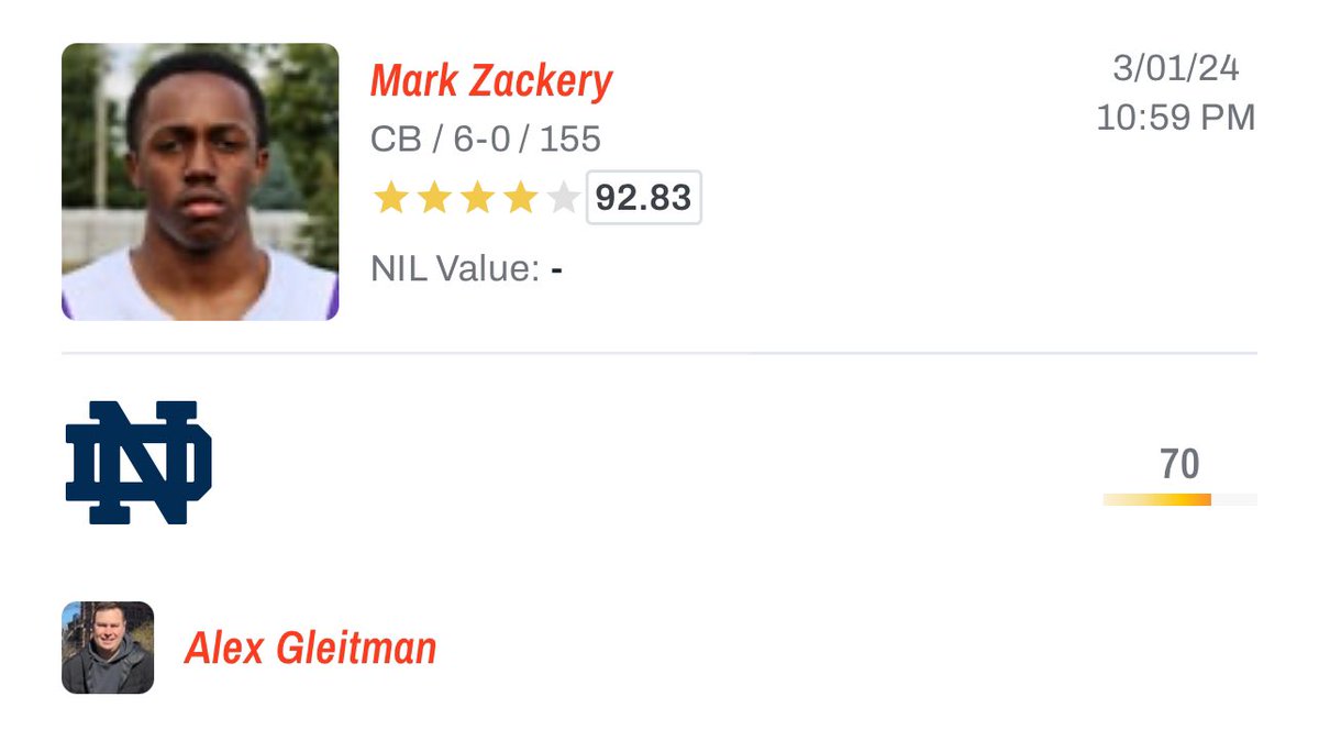 𝗡𝗘𝗪 𝗣𝗥𝗘𝗗𝗜𝗖𝗧𝗜𝗢𝗡: High 4🌟 (92 NATL.) CB Mark Zackery has been predicted to #NotreDame by On3’s Alex Gleitman. Zackery recently released a Top 4 including Notre Dame, Michigan, Florida, and Cincinnati.