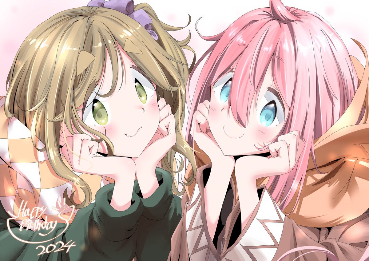 inuyama aoi ,kagamihara nadeshiko multiple girls 2girls pink hair green eyes skin fang blue eyes scarf  illustration images