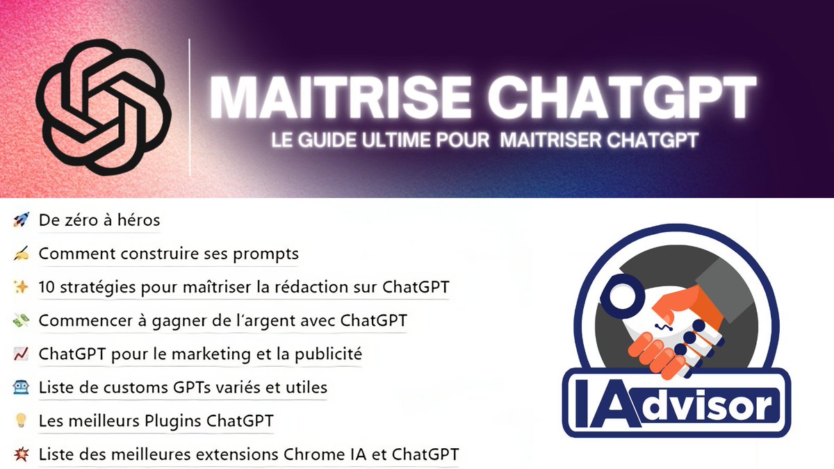 Ça m'a pris un an pour maîtriser ChatGPT.

Au fil de mon parcours, j'ai écrit un guide complet pour partager ce savoir. 

Aujourd'hui, je te l'offre gratuitement.

Pour le recevoir en DM :
• Follow
• ❤️+ 🔃 ce poste
• Commente "Aboule"