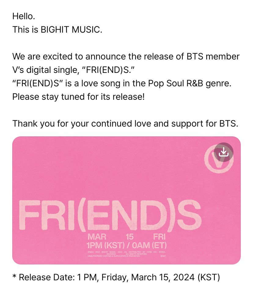 V's digital single 'FRI(END)S' will be released on March 15, 1PM KST “FRI(END)S” is a love song in the Pop Soul R&B genre. Please stay tuned for its release!