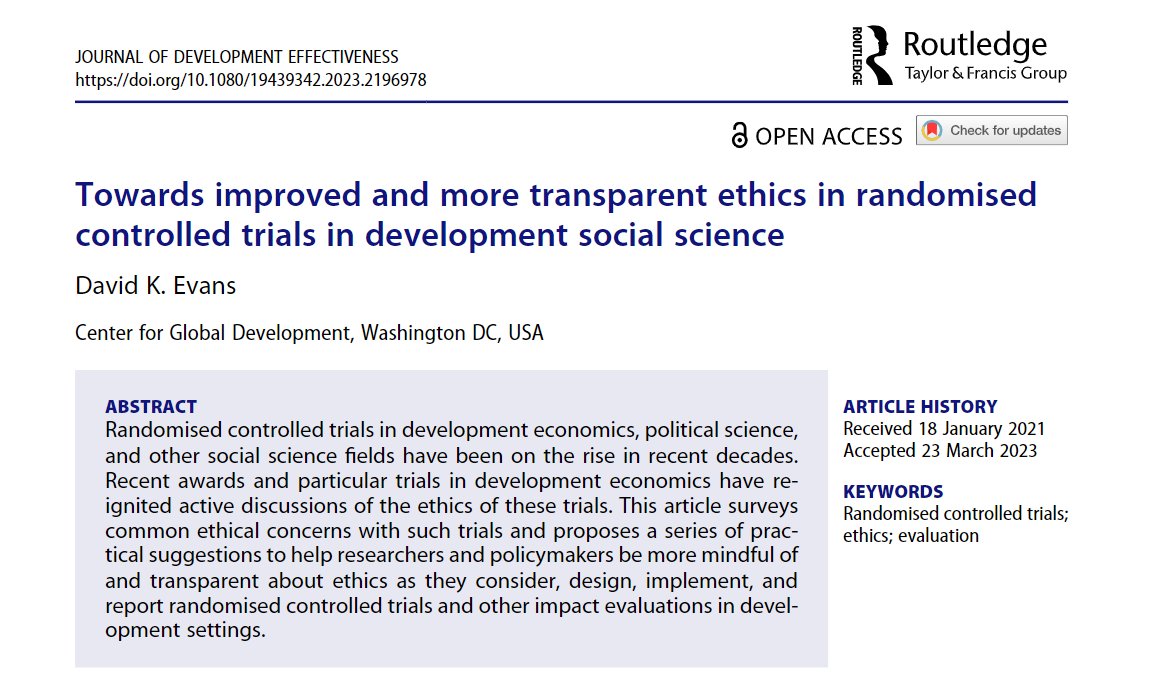 "Towards improved and more transparent ethics in randomised controlled trials in development social science" tandfonline.com/doi/full/10.10…