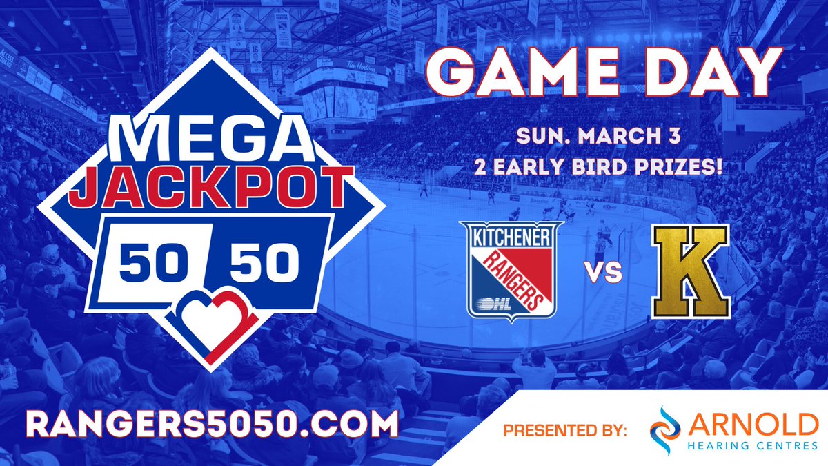 GAME DAY 👊 Get your MEGA Jackpot 50/50 tickets for a chance to win BIG! 

Visit one of our volunteers at the <a href="/OHLRangers/">Kitchener Rangers</a> game vs. <a href="/KingstonFronts/">Kingston Frontenacs</a> to buy in-person, or buy online from anywhere in Ontario! 

🎟️ Rangers5050.com

Presented by <a href="/ArnoldHearing/">Arnold Hearing Centres</a>