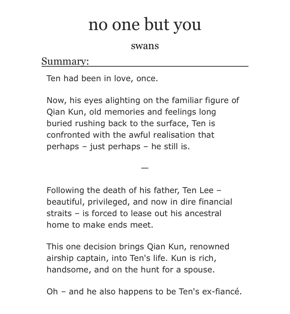 swans_writes's tweet photo. no one but you

💌 kunten 
💌 45.5k words, 6/6 chapters (complete), explicit 🔞
💌 regency au, exes to lovers, mutual pining, slow burn, angst with a happy ending
💌 inspired by jane austen’s persuasion 

link: https://t.co/lWqHrcyc27 https://t.co/809341MwTt