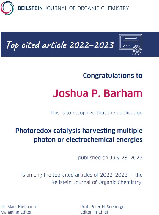 Thrilled Mattia & Simon's article💡⚡️ was a top cited #BJOC article from 2022-23, though it was only published in summer '23! Congrats to both for this outstanding work💫(more so than JPB). The 'beginners guide' was a particular highlight. Thanks for reading &citing our work!🙏