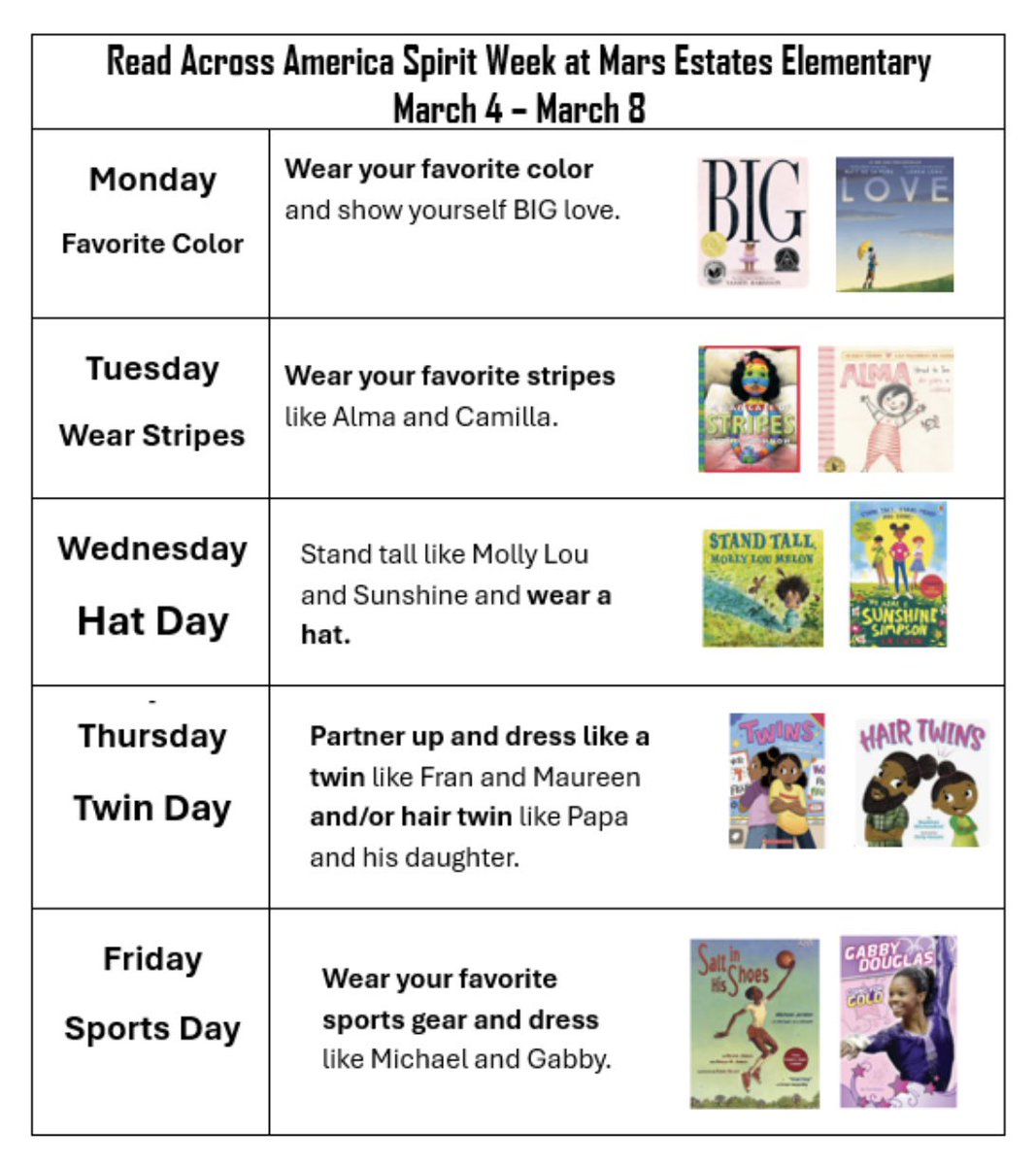 Read Across America Spirit Week is happening this week at Mars. #MarsStars, join us and show your love of reading and your school spirit!