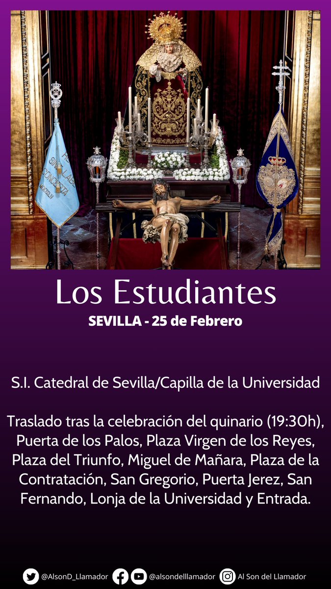 🔴 En la tarde de hoy, volverán los titulares de @Hdadestudiantes a su Capilla tras los cultos en la Catedral de forma extraordinaria. 

#TDSCofrade #CofradiasAND #Cuaresma24