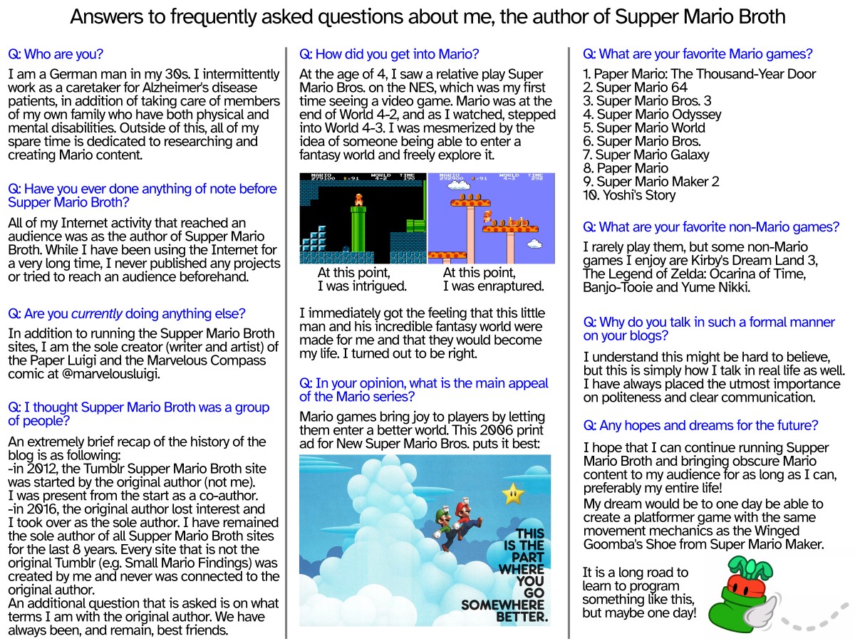 This month's experimental post: I frequently receive questions about certain aspects of my personal life, my Mario game preferences, and my history with Mario and the blog. The document below compiles my answers to some of your most common inquiries!