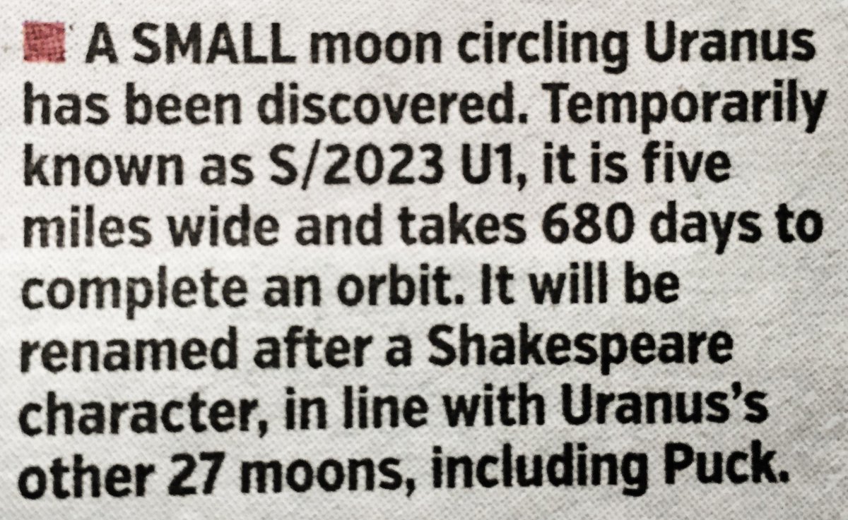 Delighted to discover a new moon has been discovered orbiting Uranus. Also stellar to hear the Bard is involved with naming, as is correct. Might I suggest #KennethBranagh
