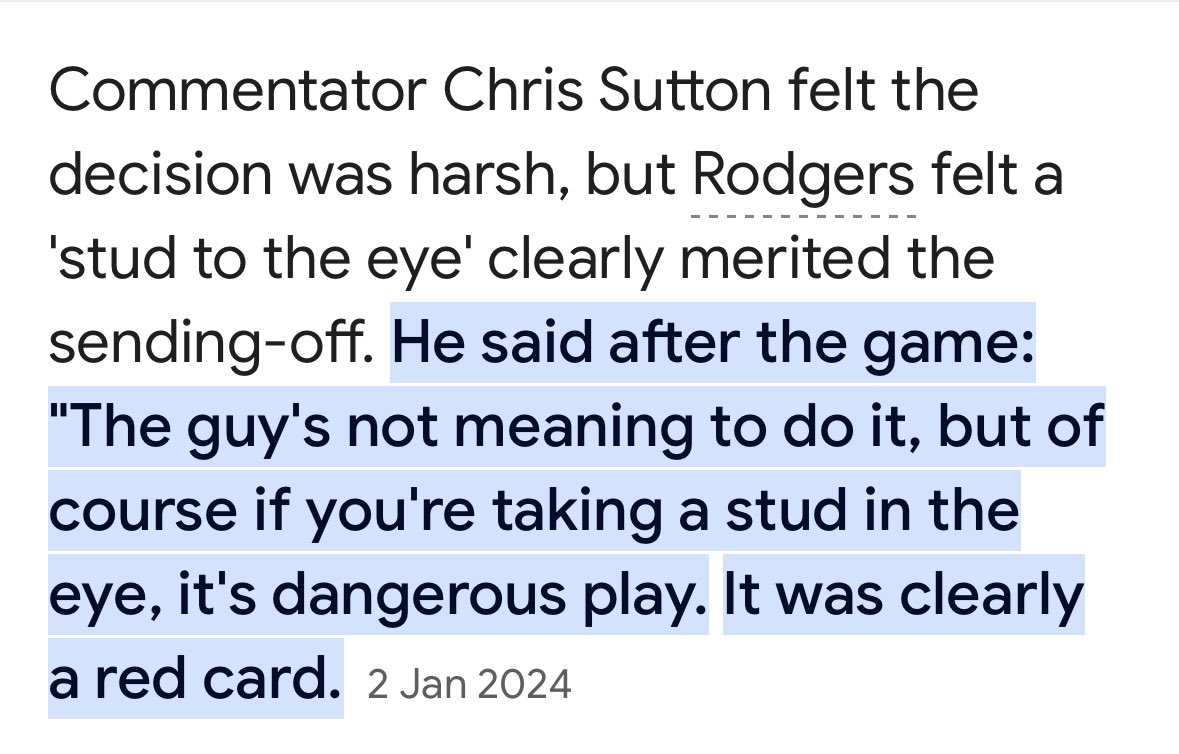 EwenDCameron's tweet photo. There’s always a quote

Chris Sutton felt the St Mirren sending off v Celtic for a ‘high boot’ was harsh.

I thought it was harsh as I did today when Yang was sent off. 

But Rodgers said it was a red card. So by his logic today is a stonewall sending off

January 2nd, 2024 👇🏼 https://t.co/Gcmvae9oSe
