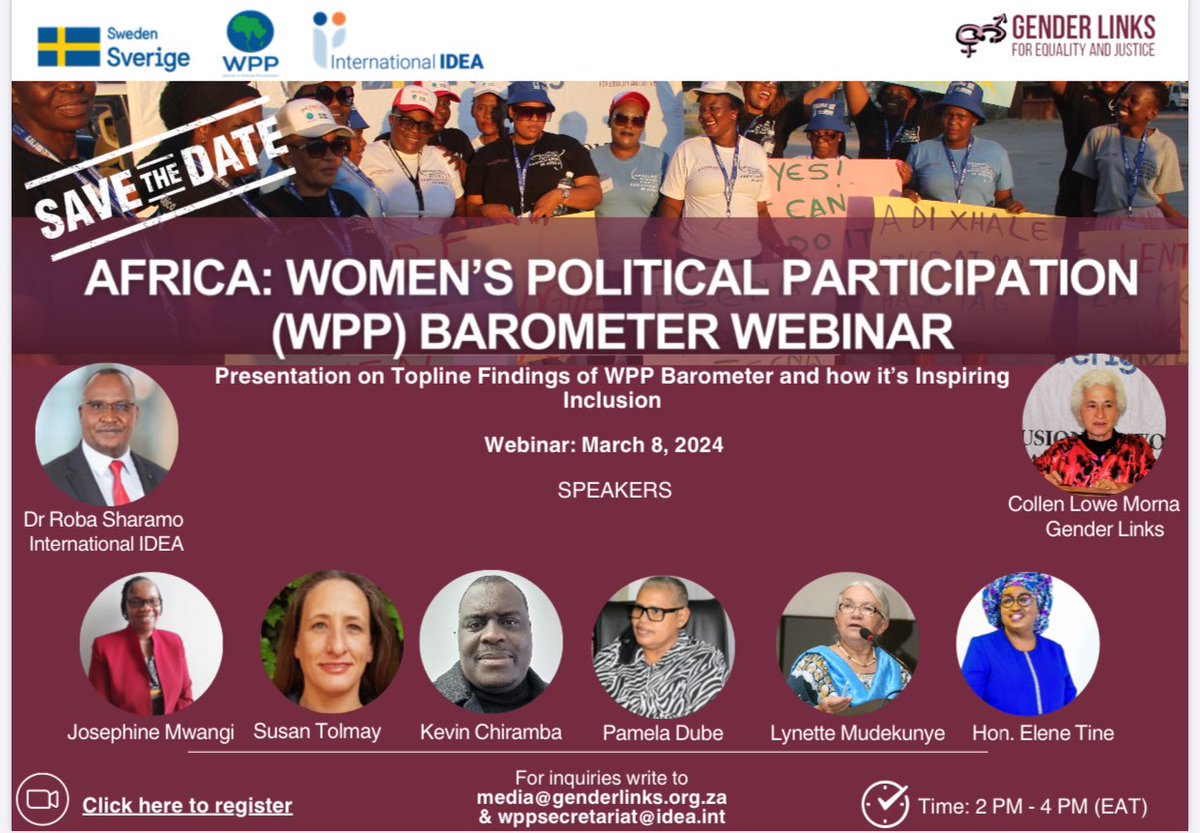 Join us this women’s day as we get a glimpse of the state of women in political participation across #Africa #IWD2024 <a href="/WPP_Africa/">Women's Political Participation in Africa</a> <a href="/GenderLinks/">Gender Links</a> <a href="/AU_WGYD/">African Union Women, Gender & Youth Directorate</a> <a href="/Int_IDEA/">International IDEA</a> <a href="/SweinEthiopia/">Sweden in Ethiopia & AU</a> <a href="/iKNOW_Politics/">iKNOW Politics</a> <a href="/FemnetProg/">FEMNET</a> @WLSAZW <a href="/PadareMen/">Padare</a> @RsFawe Register here: bit.ly/3SWyOCI