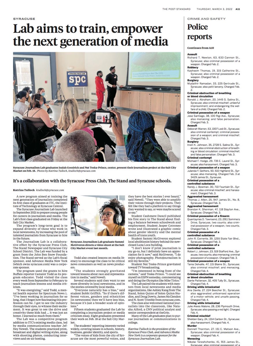 "ITC Media Memories"

2 Years Ago - March 3rd, 2022

"Syracuse Journalism Lab" featured in The Post-Standard! ITC Media students are empowered by SJL to this day!

<a href="/SyracuseSchools/">Syracuse City School</a>