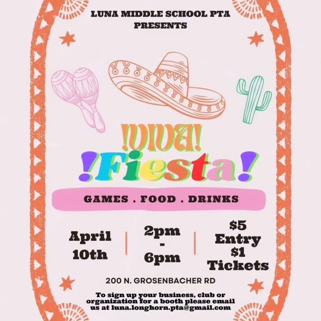 Come grab all your novelties at our Fiesta Carnival April 10th 🎉 Vendor sign ups are under way and we'll have some great treats available!
#lunamspta #vivafiesta <a href="/FiestaSA/">Fiesta San Antonio</a> 
<a href="/NISD/">Northside ISD</a> <a href="/nisdpta/">Northside Council of PTAs</a> <a href="/nisdluna/">Luna Middle School</a>