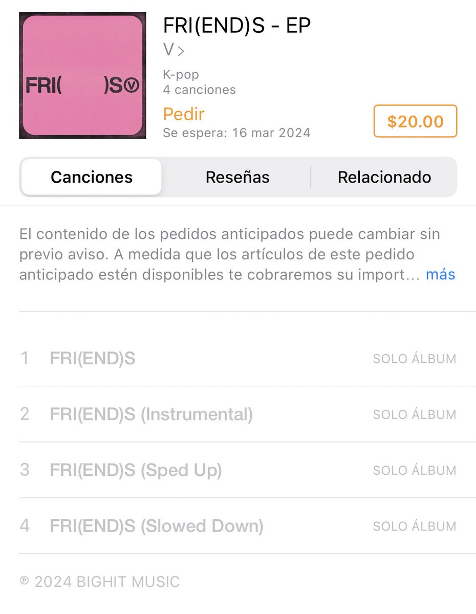 “FRI(ENDS)” se maneja como EP en iTunes, incluye:

•FRI(ENDS)
•FRI(ENDS) (Instrumental)
•FRI(ENDS) (Sped Up)
•FRI(ENDS) (Slowed Down)

Espera al día del lanzamiento para adquirir individualmente, no pre-ordenes como EP.
#뷔 #V_FRIENDS #FRI_END_S

music.apple.com/mx/album/fri-e…