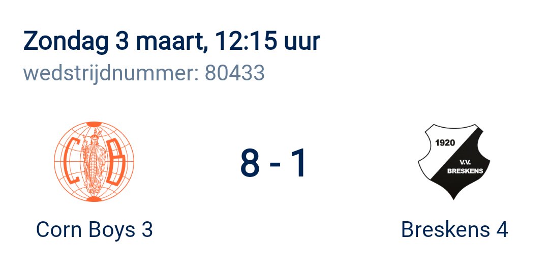 Corn Boys 3 wint overtuigend van V.V. Breskens4. Eindstand 8-1