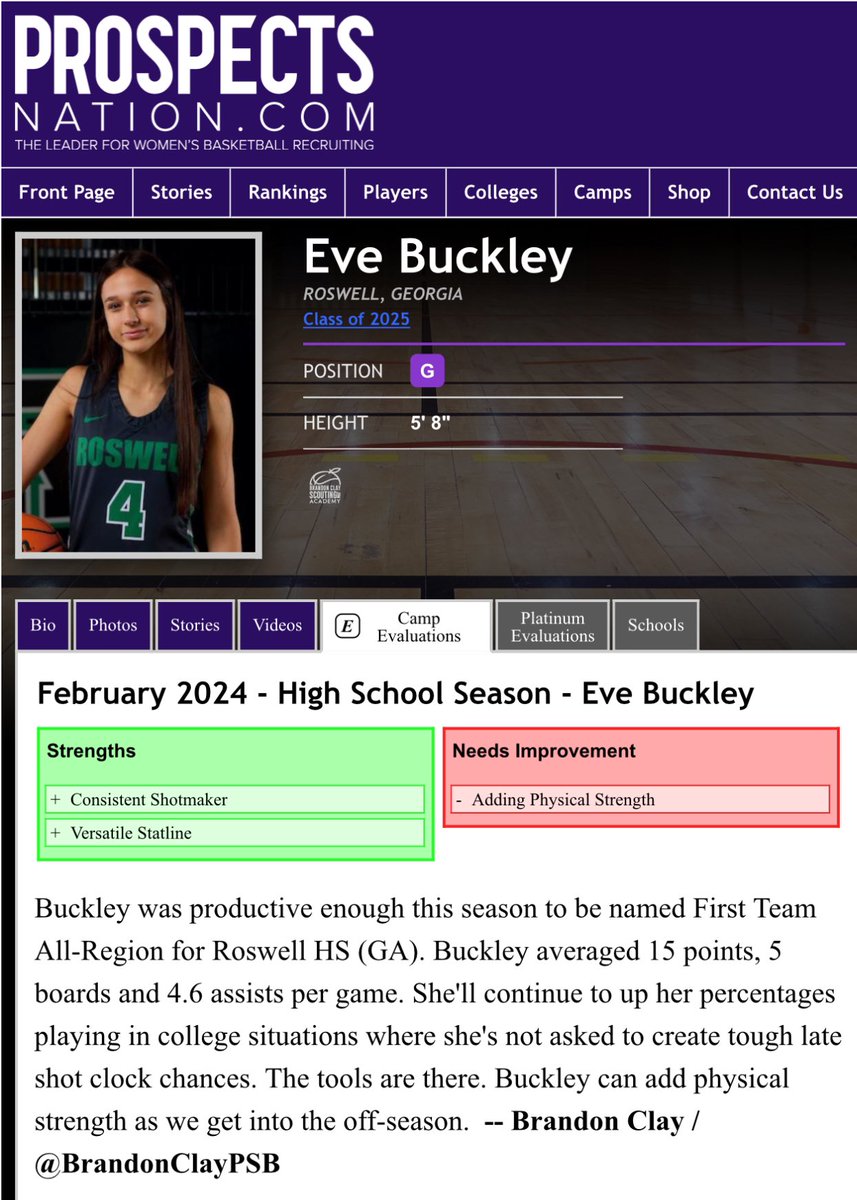 Brandon Clay Scouting x @prospectsnation Latest Eval from the 💻 of @brandonclaypsb: ‘25 #BClayRecruiting Eve Buckley has a HS Season Eval loaded. She’s 🔒 in next Saturday. Up Next @alexgonda12 @HollynHicks2027 @carsynswaney GET YOUR EVAL HERE ➡️: prospectsnation.com/prospectsnatio…