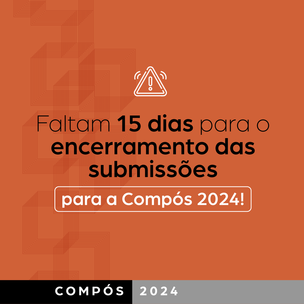 O 33° Encontro Anual da Compós ocorrerá de 23 a 26 de julho de 2024, na Universidade Federal Fluminense (UFF), em Niterói/RJ. Parece longe, né? Mas fique atento que as submissões estarão abertas até o dia 18 de março, daqui a apenas 15 dias!