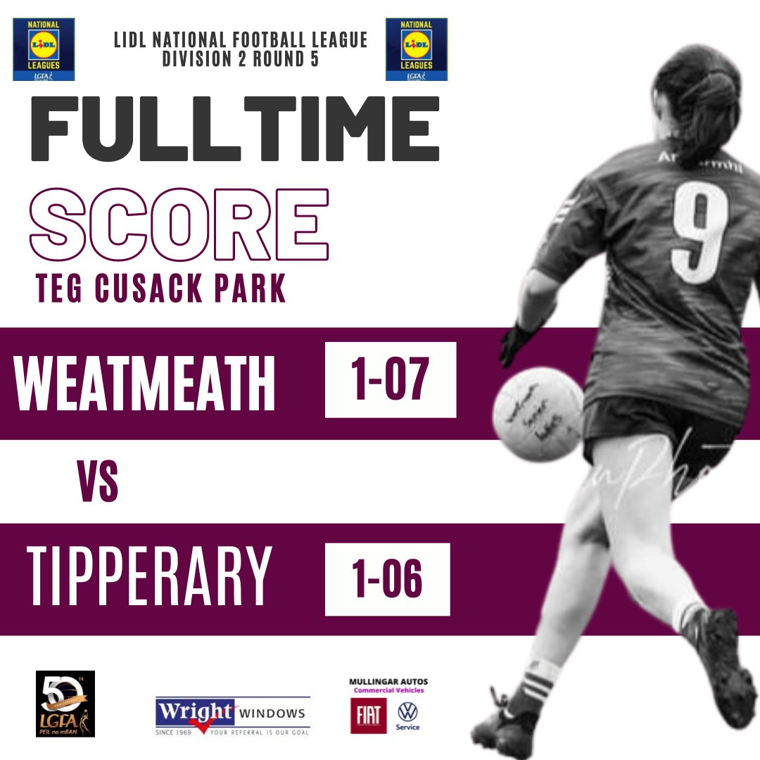 *Full-time* 🏆 @lidl_ireland NFL Div 2️⃣ Rd 5️⃣ @Westmeathlgfa 1-07 @TippLadiesFB 1-06 🔥 @LeinsterLGFA @MunsterLGFA #SeriousSupport