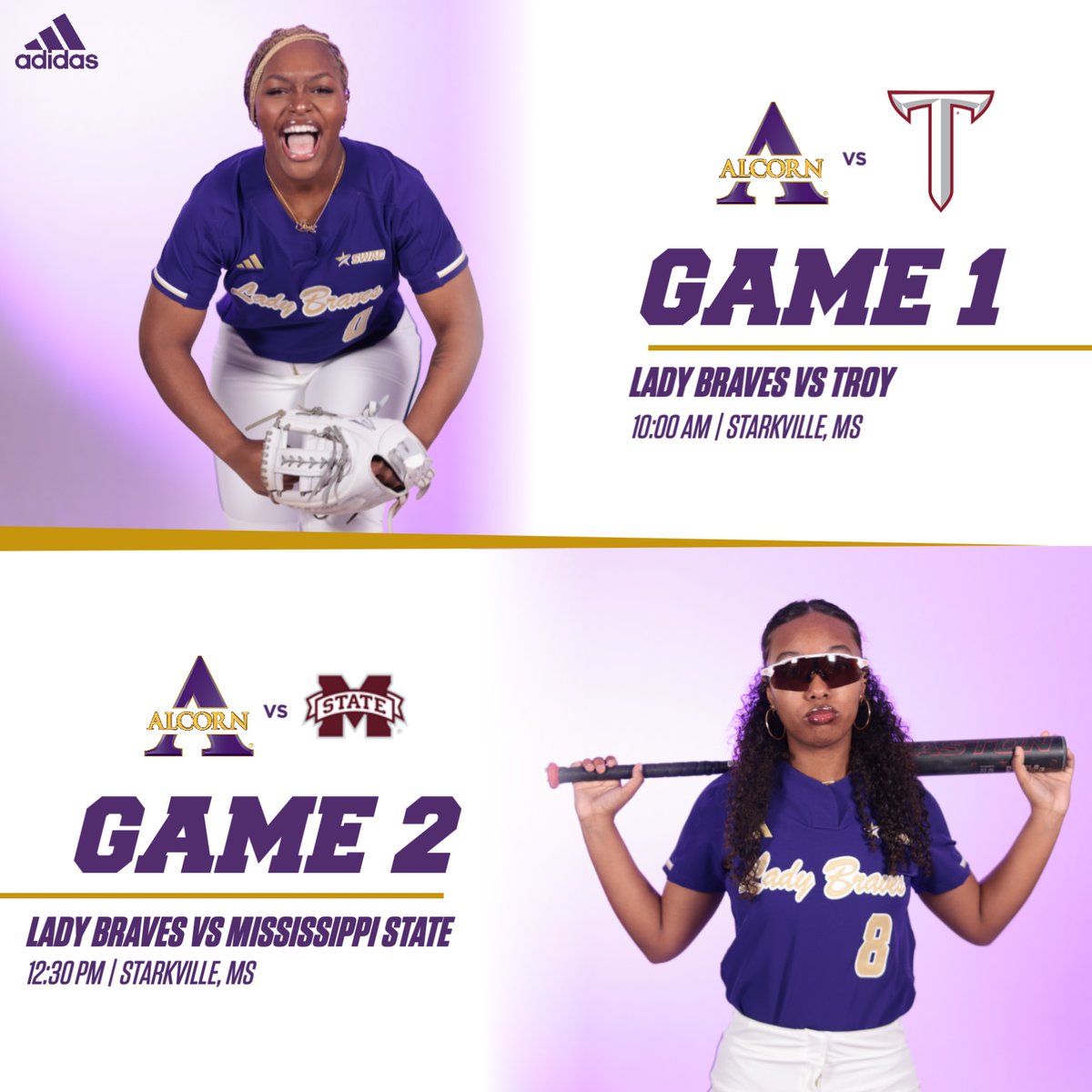 🚨 GAMEDAY 🚨

🆚️ @TroySoftball | @HailStateSB
⏰: 10:00 AM | 12:30 PM
📍: Starkville, MS

#FearTheBrave #SWACSB