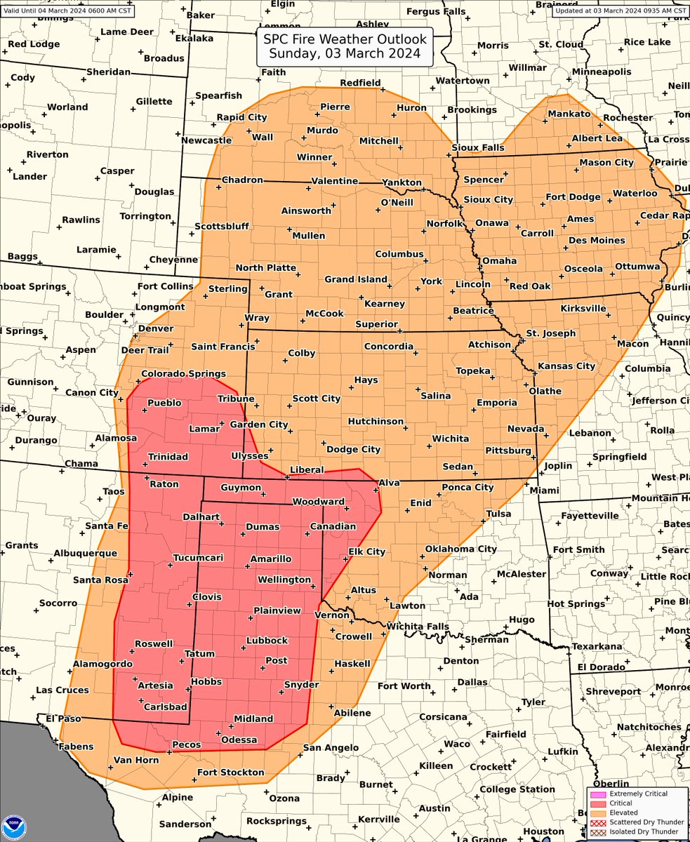 NWSSPC's tweet photo. 03/03/2024 9:51 AM CST: Dangerous wildfire-spread conditions are expected this afternoon across portions of the southern High Plains to parts of the Upper Mississippi Valley. More details available at https://t.co/XSik9k2Y2s https://t.co/CVROQzBygI