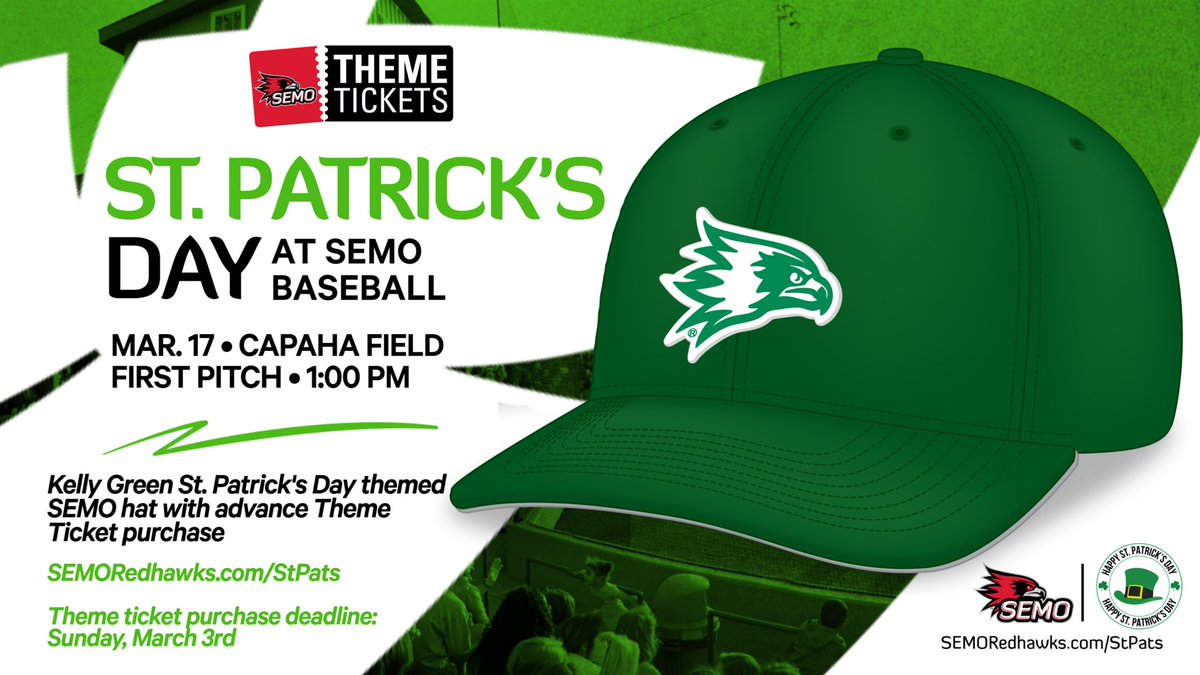 ☘️LAST CALL🍀

Today is your last chance to get your theme tickets for the St Patty’s Day baseball game on March 17! Each theme ticket comes with an exclusive green SEMO hat! Offer ends TONIGHT at 11:59 PM‼️

🎟️ SEMORedhawks.com/StPats

#FeelinRowdy