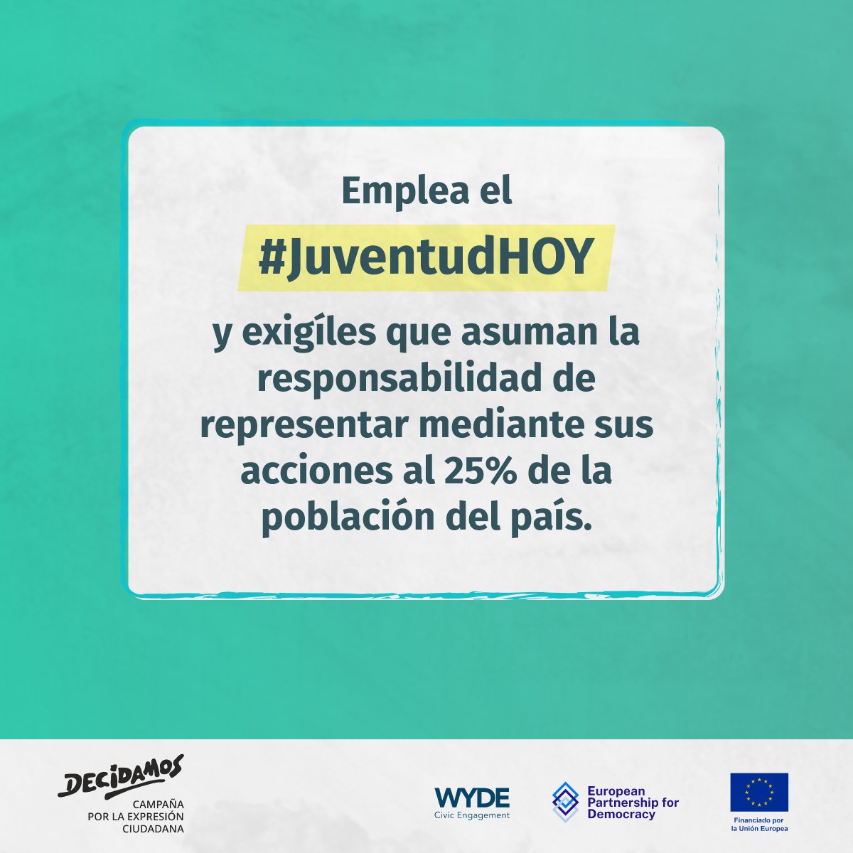 #juventudesenaltavoz
#WYDEcommunity
#WYDEngagement
#InternationalPartnerships 

<a href="/eu_partnerships/">EU International Partnerships 🇪🇺</a> <a href="/YouthCohort/">Youth Democracy Cohort</a> <a href="/jahajapoli/">Japolí</a> <a href="/presenciajoven/">En Tu PresenciaJoven</a> <a href="/redenredate/">Red Enredate</a> <a href="/AlmaCivica/">Alma Cívica</a> <a href="/k_sorora/">Kuña Sorora</a>