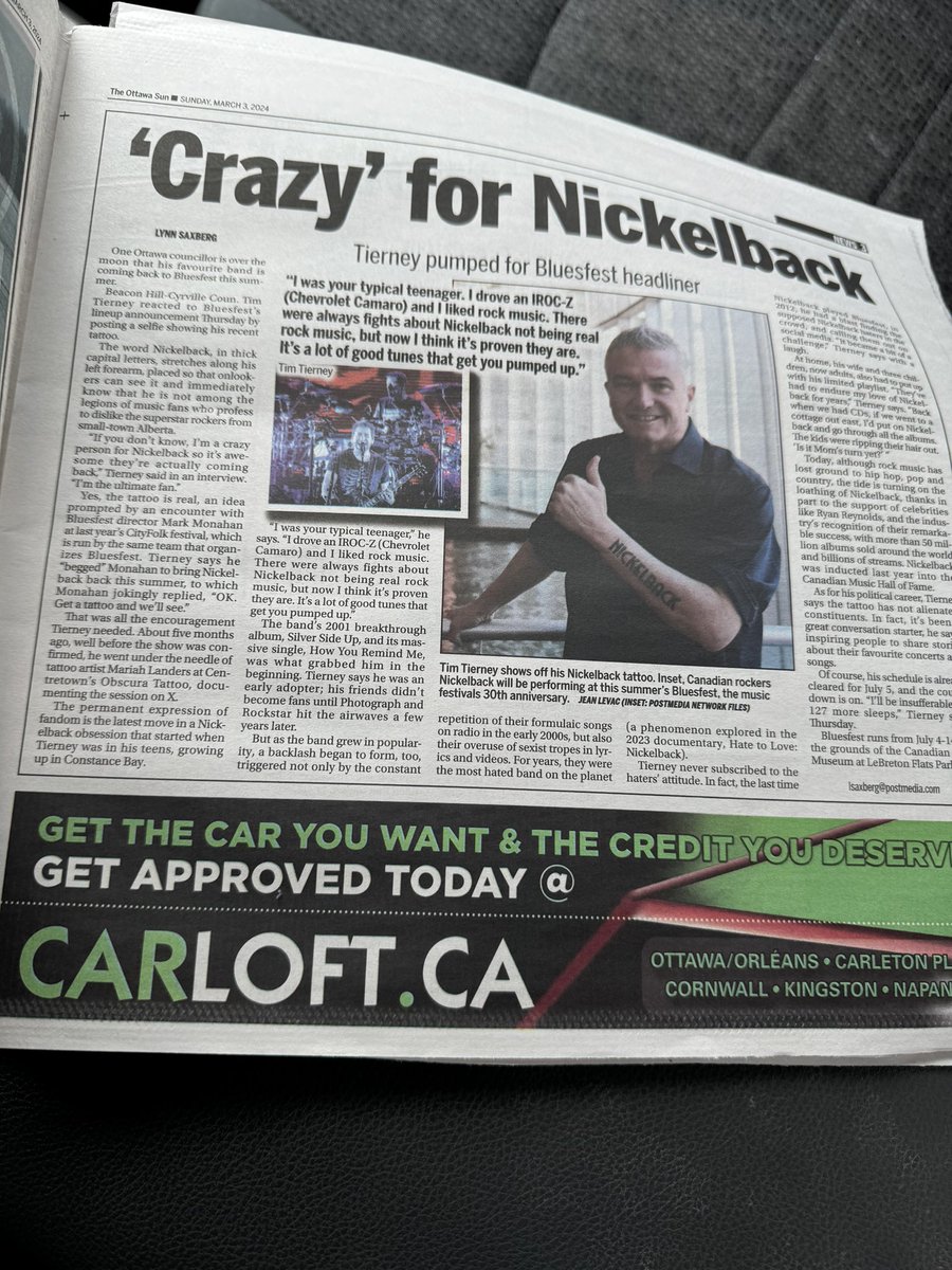 I am so happy for Councillor @TimTierney and I am using all efforts from my past life in the music business to have him meet @Nickelback when they are here for @ottawabluesfest.

#Ottawa #KindnessMatters