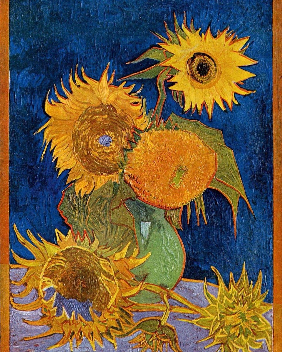 Sunflowers #vincentvangogh 
second version: royal-blue background 

Formerly #privatecollection Ashiya, Japan, destroyed in World War II on 6 August 1945

#sunflowersvangogh #Arles #vincentvangogh #stilllifepainting #artpeopleandpainting