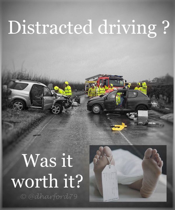 Using a phone whilst driving? 

6 points &amp; a £200 fine not bother you? 

So what will bother you? Killing someone? Going to prison? Losing everything you have? 

No call, text, email or social media account is worth nroe than a life. Put the phone away! 

#RoadSafety #Fatal4