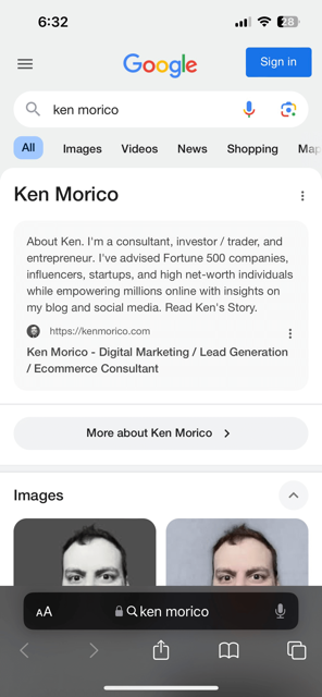 KenMorico's tweet photo. Authority On Google. Here's How You Get It.

You want authority on Google - you need it for career gains, business success, and respect from your peers. Let's see what it looks like. Here's what you see when you Google me on Desktop:

You'll see my name in large letters, a short description, and profile links. This is the Google Knowledge Graph. It's like an encyclopedia entry.

Things are a little different on mobile due to space:

In both versions, you'll notice Google knows I'm a person - not a business or entity.

Also notice I own the entire real estate in the browser. No one can hijack my message when I own all the top results.

I see so many capable professionals with no online real estate. If I Google their name, 10 other people with similar names show up first. Very sad.

I have a few things that can get you noticed and owning your own Google real estate.

How to Bend Google to Your Will

- Create a Personal Website
- Optimize the Personal Website for the Google Knowledge Graph
- Have active social media accounts
- Create content - articles, newsletters, blog posts, videos
- Create an about page

These are some steps to get you imprinted in the digital encyclopedia. To get a full profile like mine would take the skills of a Web Developer and content strategist (like myself).

In addition to boosting your personal site content, the profile will help your other content like LinkedIn posts and YouTube videos rise in the page rankings.

Don't let others take your online space. Produce.

#seo #personalbranding #ppc