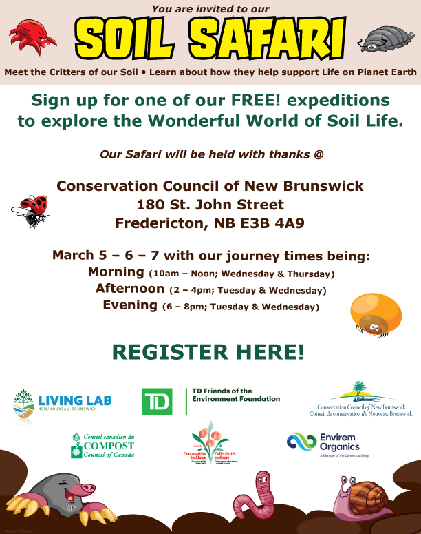 GrowarowInfo's tweet photo. The secret of every great garden is the soil. Come to our SOIL SAFARI in Fredericton during March break and learn all about soil and the many critters who call it their home. It’s free and fun. 
Register now.
https://t.co/TwBbjZFTDl
#savesoil
#compost
#marchbreak https://t.co/FdAbdkHcgv