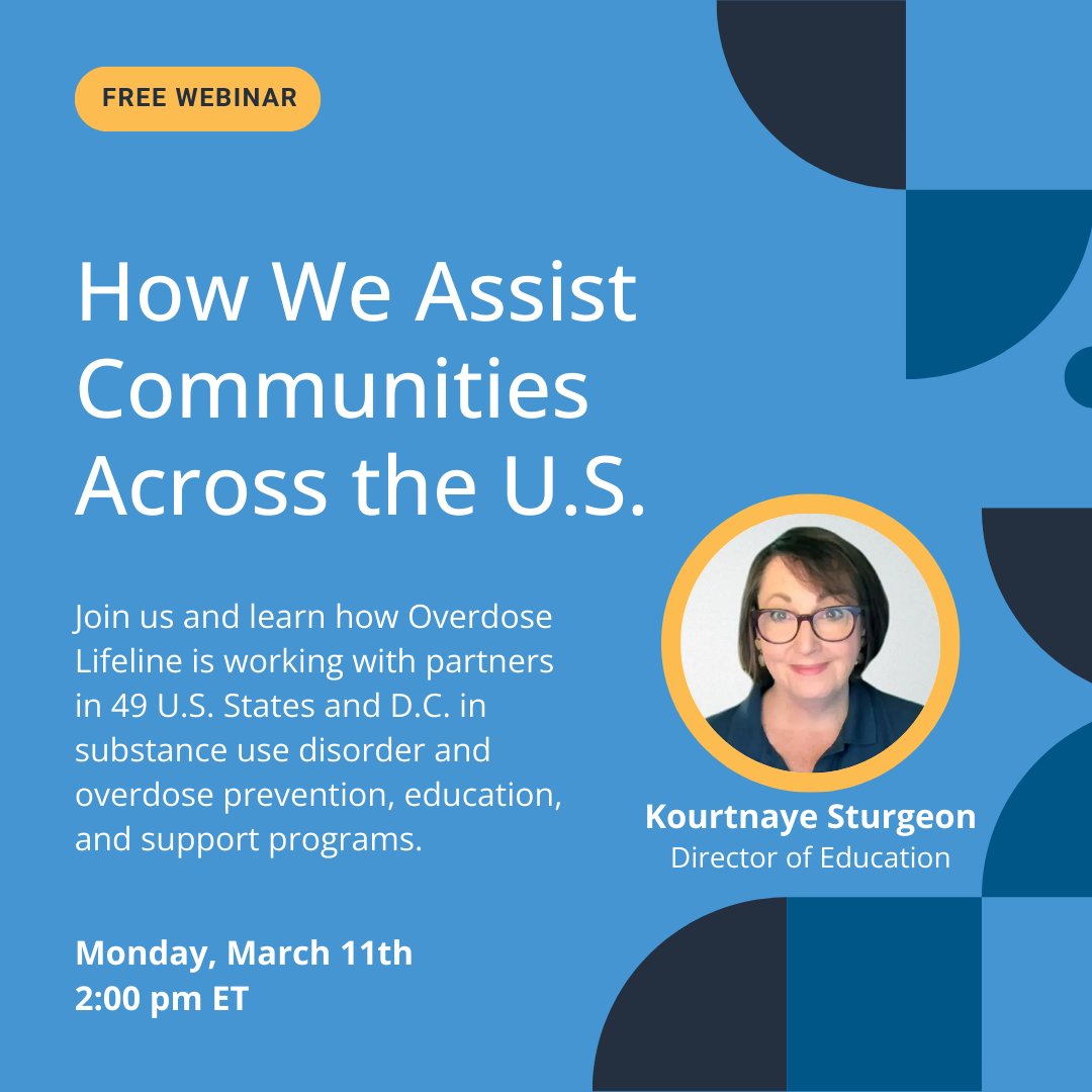 Join us Mon, Mar 11 at 2pm EST to learn how Overdose Lifeline is working with partners in 49 U.S. States and D.C. in substance use disorder and overdose prevention, education, and support programs. Sign up here:  bit.ly/3UOMh1W