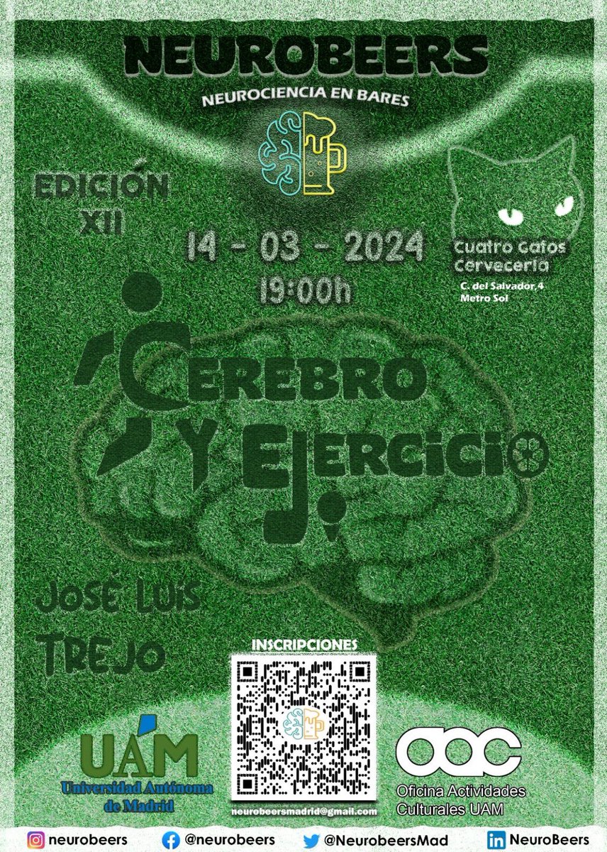 JLTrejo2's tweet photo. En @NeurobeersMad 🍻hablaremos de los efectos (todos, buenos y malos) del ejercicio🏃🏻‍♀️sobre el cerebro 🧠 y nuestras investigaciones sobre ellos ⛹️‍♀️🧫🧬🦠cognición, mitocondrias, epigenetica, microbiota ¡y herencia! @CSICdivulga @SENC_ @InstitutoCajal https://t.co/XKbL5NdaUs