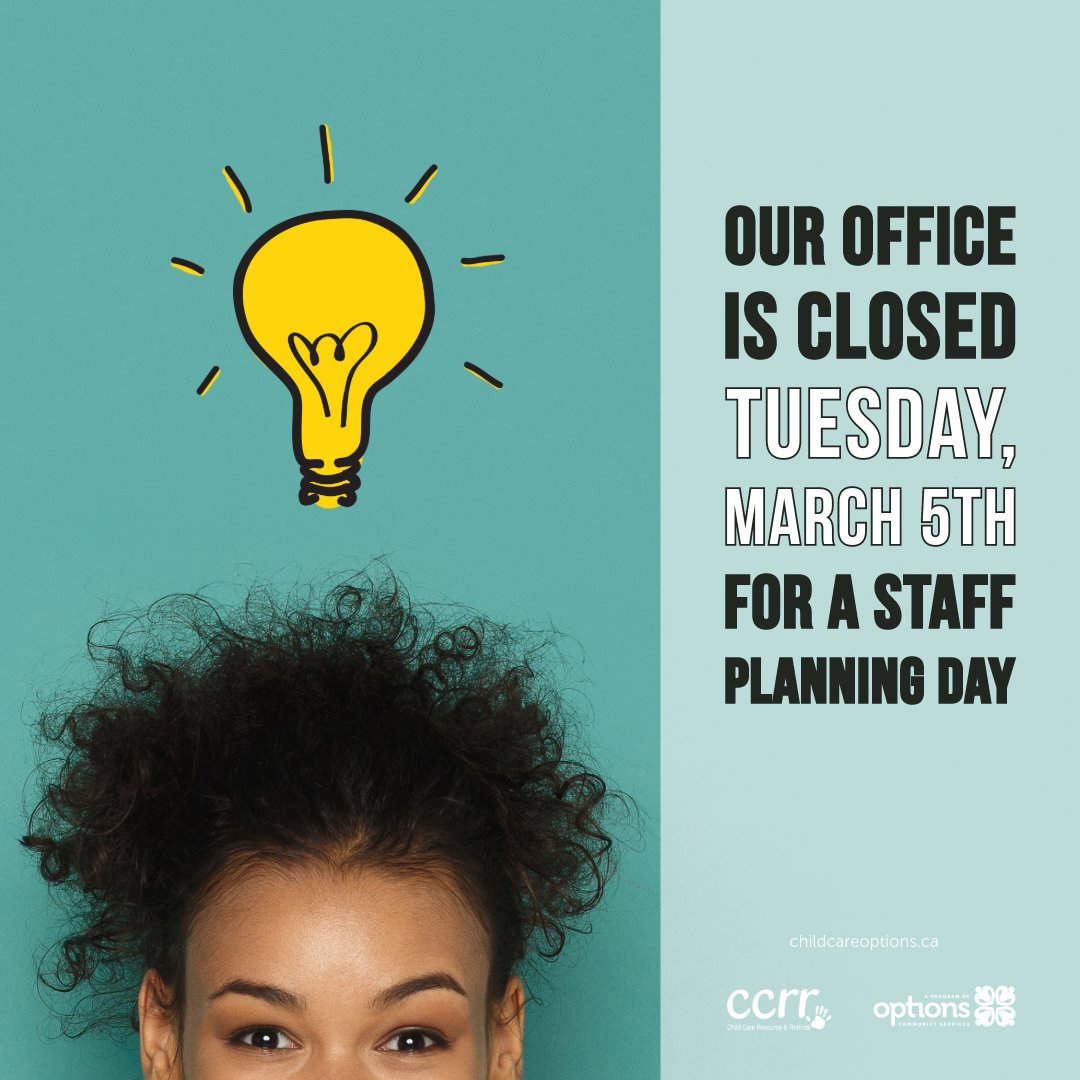 chcareoptions's tweet image. The office will be closed on Tuesday, March 5th for our annual staff planning day and will reopen on Wednesday morning at 9:00 am. We apologize for any inconvenience.

#officeclosure #programplanning #strategicplanningday #staffplanningday #ccrr