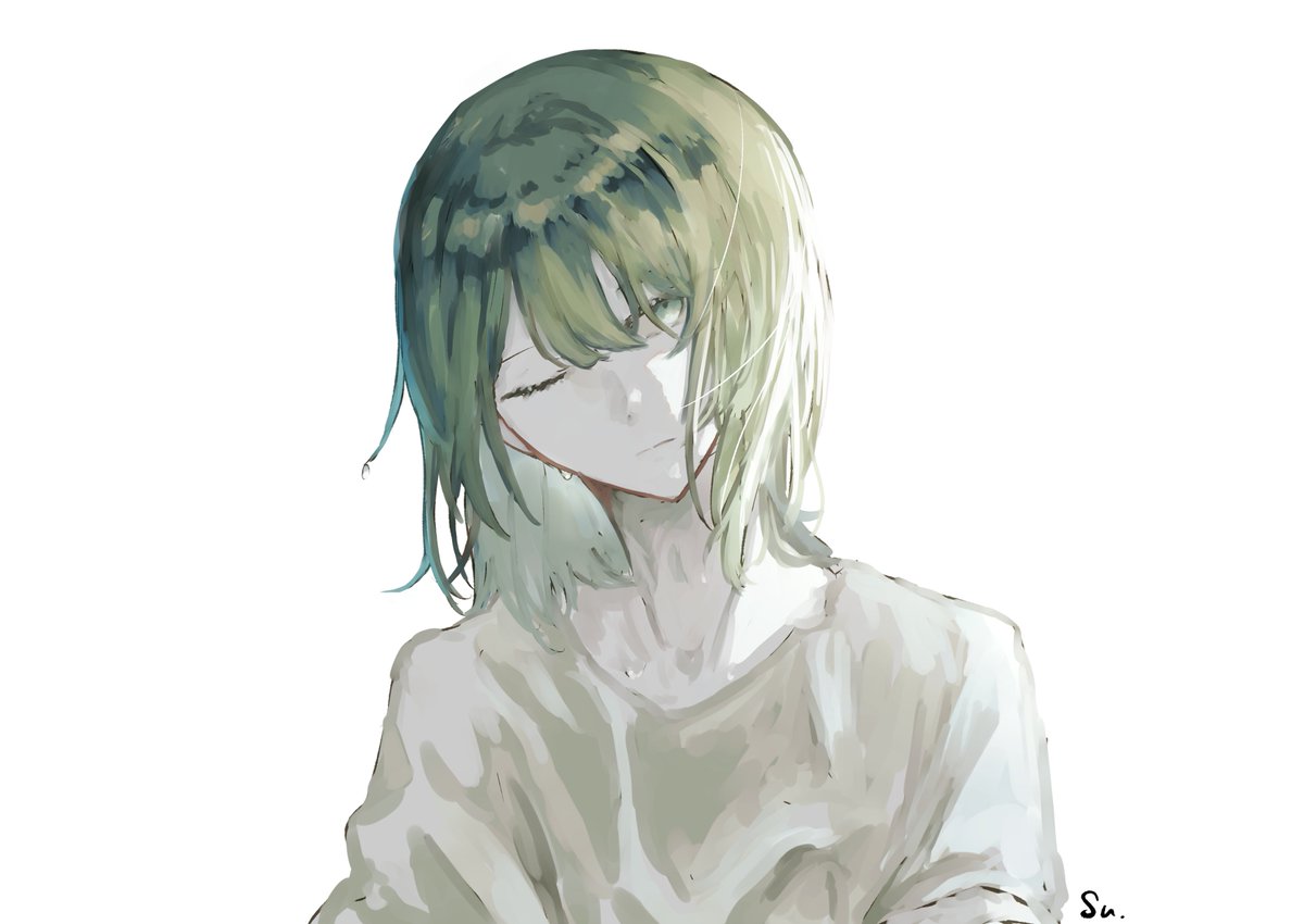 enkidu (fate) solo white background simple background one eye closed green hair shirt upper body  illustration images