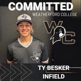 Ty Besker (@tybesker) on Twitter photo I am extremely proud to announce that I will be continuing my athletic and academic career at <a href="/WCoyoteBaseball/">Weatherford College Baseball</a>. I’d like to thank God, my family, my coaches, and all my teammates for helping me achieve this! <a href="/DFWPostGrad/">DFW Post Grad Baseball</a> <a href="/coachpage_/">Davis Page</a> <a href="/coachbravo28/">coach bravo</a> <a href="/Jefflightfoot4/">Jeff lightfoot</a> <a href="/JudKinzy/">Jud Kinzy</a> I am extremely proud to announce that I will be continuing my athletic and academic career at <a href="/WCoyoteBaseball/">Weatherford College Baseball</a>. I’d like to thank God, my family, my coaches, and all my teammates for helping me achieve this! <a href="/DFWPostGrad/">DFW Post Grad Baseball</a> <a href="/coachpage_/">Davis Page</a> <a href="/coachbravo28/">coach bravo</a> <a href="/Jefflightfoot4/">Jeff lightfoot</a> <a href="/JudKinzy/">Jud Kinzy</a>