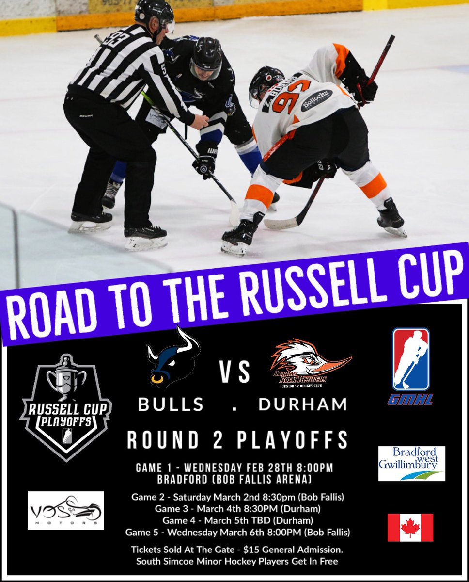 GAME DAY! The Bradford Bulls travel to Whitby to visit The Durham Road Runners for Game 3 of the best-of-five series. The Bulls lead the series 2-0 and can book a ticket to the South Division Finals with a Win tonight.

Go Bulls Go

📍- Mckinney Centre, Whitby
🕰️- 8:15pm