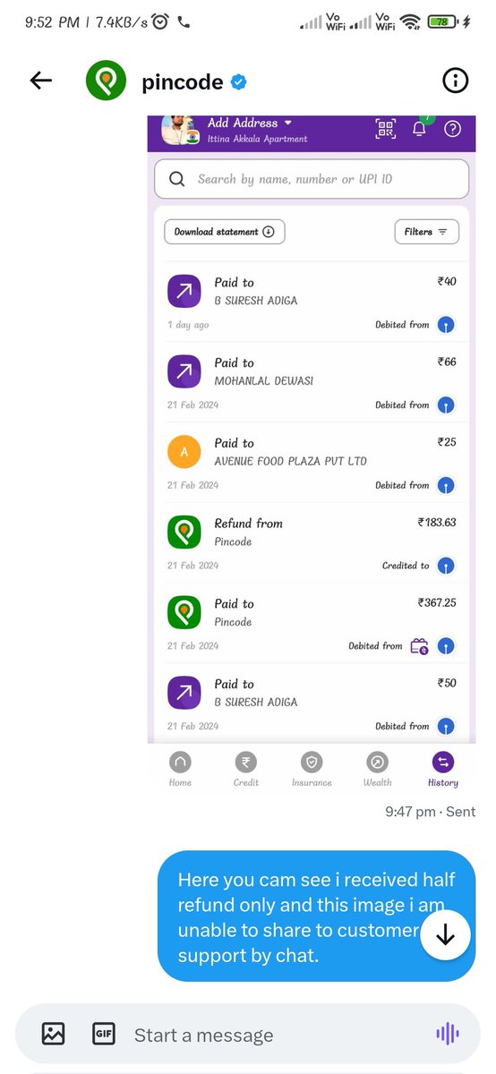 aks396's tweet photo. @PincodeSupport Check this issue as i am unable to share image on app and got only half refund https://t.co/Kqh6UhbrLV