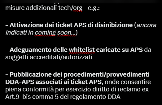relationsatwork's tweet photo. Vedendo circolare pub grafici con dati aggregati AS dei ticket APS di *tutto* FEB, mi aspettavo anche leak IP - indiscriminati (non solo blocchi impropri).

Ciò non esime cmq @AGCOMunica da misure addizionali tech/org x responsabilizzazione segnalanti & prevenzione incidenti *⃣.

- - - - - -

*⃣ Cfr. analisi sintetiche delle criticità per i casi dei blocchi impropri IP Cloudflare e Zenlayer - e relative diverse gestioni post-inibizione, a causa anche di farraginosità della procedura di reclamo & non piena conformità alle disposizioni del regolamento DDA

> Caso IP @Cloudflare - Ticket APS e gestione post-inibizione https://t.co/mtemHhWZy4

> Caso IP @zenlayer - Criticità per formalizzazione reclamo https://t.co/iDutlNDuze

.
Da cui derivano appunto le indicazioni di necessità di misure addizionali tech/org - e.g.:

- Attivazione dei ticket APS di disinibizione (ancora indicati in coming soon...)

- Adeguamento delle whitelist caricate su APS da soggetti accreditati/autorizzati

- Pubblicazione dei procedimenti/provvedimenti DDA-APS associati ai ticket APS, onde consentire piena conformità per esercizio diritto di reclamo ex Art.9-bis comma 5 del regolamento DDA