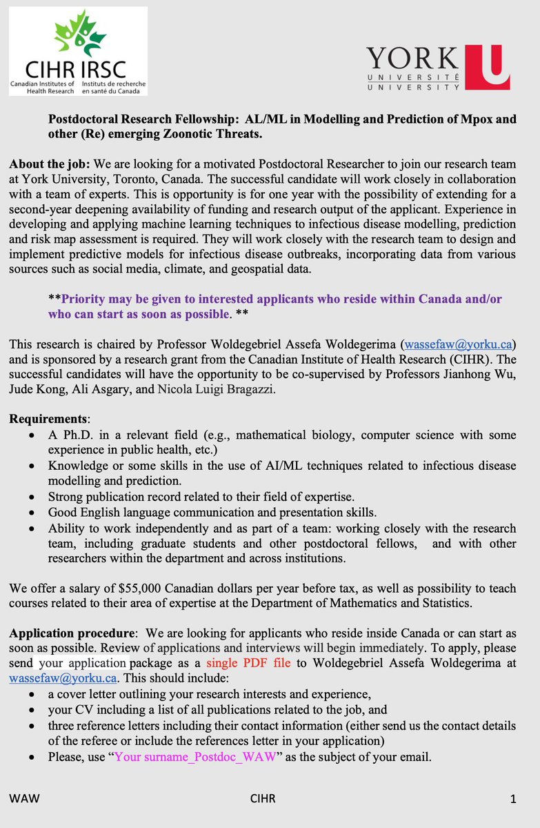 Woldegebriel Assefa (@woldie_assefa) on Twitter photo We are looking for a motivated Postdoctoral Researcher to join our research team at York University, Toronto, Canada. The successful candidate will work closely in collaboration with a team of experts (<a href="/JianhongWu3/">Jianhong Wu</a> <a href="/dzevela/">Jude Kong</a> <a href="/aliasgary1/">ali asgary</a> <a href="/NicolaBragazzi/">Dr. Nicola Luigi Bragazzi (MD, PhD, MPH)</a> & others). We are looking for a motivated Postdoctoral Researcher to join our research team at York University, Toronto, Canada. The successful candidate will work closely in collaboration with a team of experts (<a href="/JianhongWu3/">Jianhong Wu</a> <a href="/dzevela/">Jude Kong</a> <a href="/aliasgary1/">ali asgary</a> <a href="/NicolaBragazzi/">Dr. Nicola Luigi Bragazzi (MD, PhD, MPH)</a> & others).